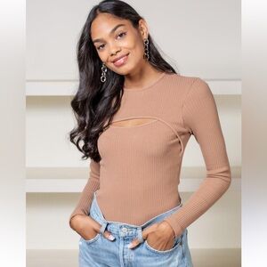 Agolde Liza Cut Out Ribbed Cotton Sweater Top in Pantyhose Tan Camel Small